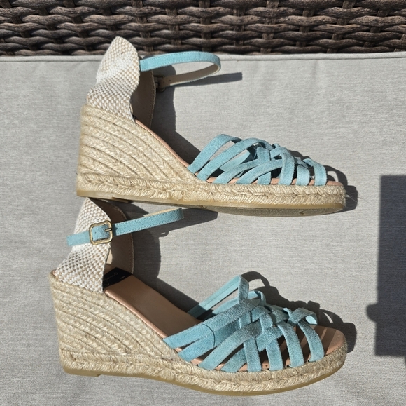 Gaimo Spain 100% Genuine Suede Leather Wedge Sandals, Turquoise Blue Aqua 10 - Picture 3 of 5